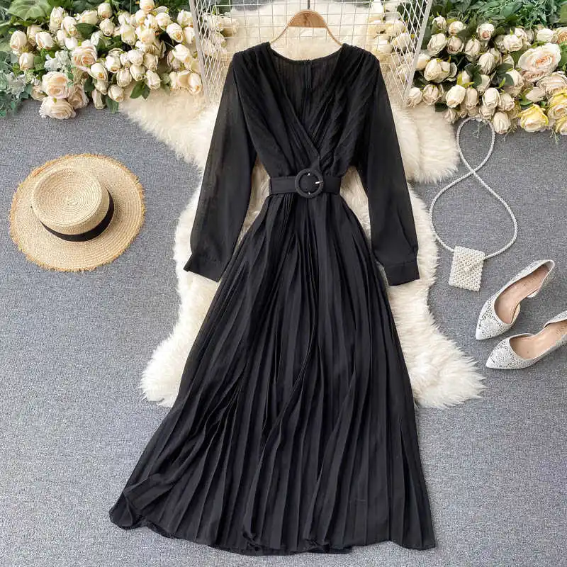 

Spring And Autumn Solid Color Sexy Women's Chiffon Pleated Dress 2021 Vintage Elegant V-Neck Red Maxi Dress With Belt Femme Robe