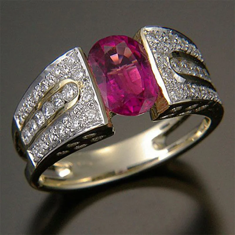

Luxury Gold Color Oval Red CZ Stone Band Ring Women Wedding Party Ring Dazzling Crystal Zircon Classic Rings Jewelry B4M748