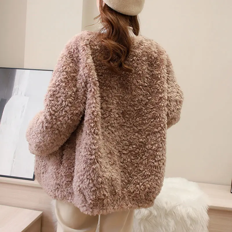 Women 2022 Autumn Winter New Fashion Real Lamb Wool Coat Natural Fur Jacket Female Long Sleeve Granule Warm Outerwear X836