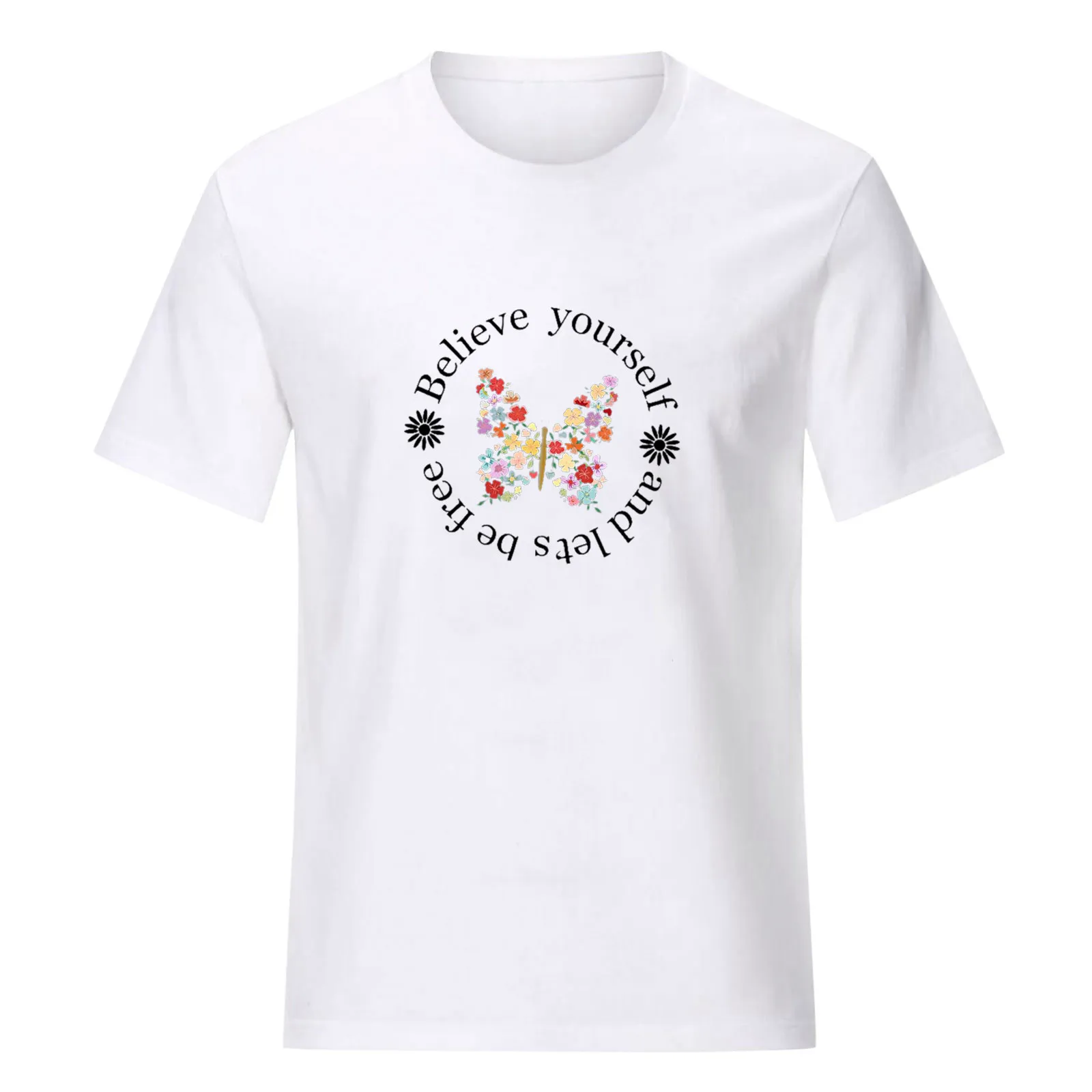 

SAGACE Women's printed short-sleeved T-shirt fashion women's casual butterfly letter printed short-sleeved O-neck T-shirt top