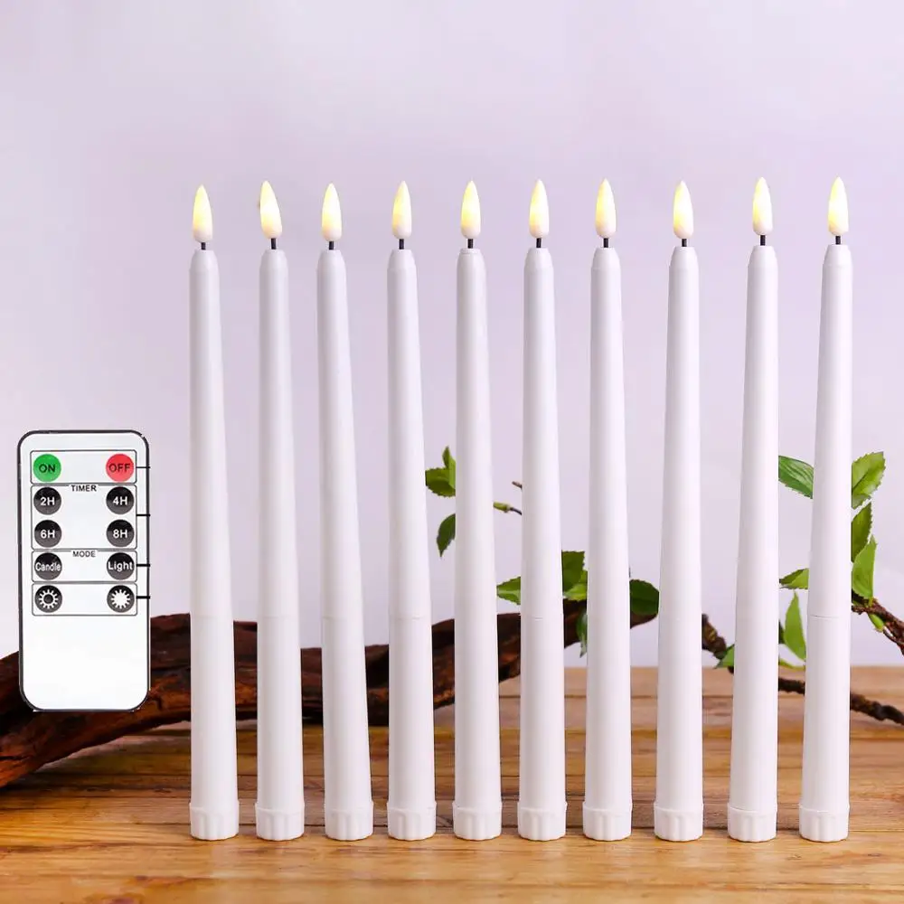 Pack of 12 Warm White Remote Flameless LED Taper Candles ,Realistic Plastic 11 inch Long Ivory White Battery Operated Candlestic