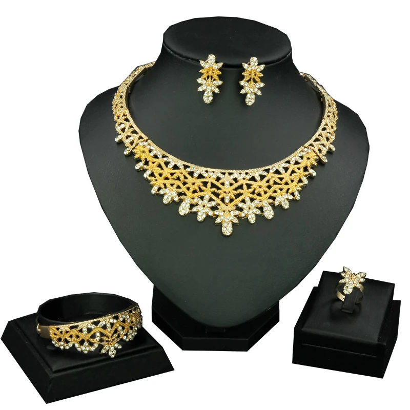 jewelry set 1 Luxury Dubai Jewelry Sets Bridal Jewelry Crystal Necklace Gold Ring Earrings Bracelet for Women Wedding Accessories Gifts - Окраска металла: jewelry set 1