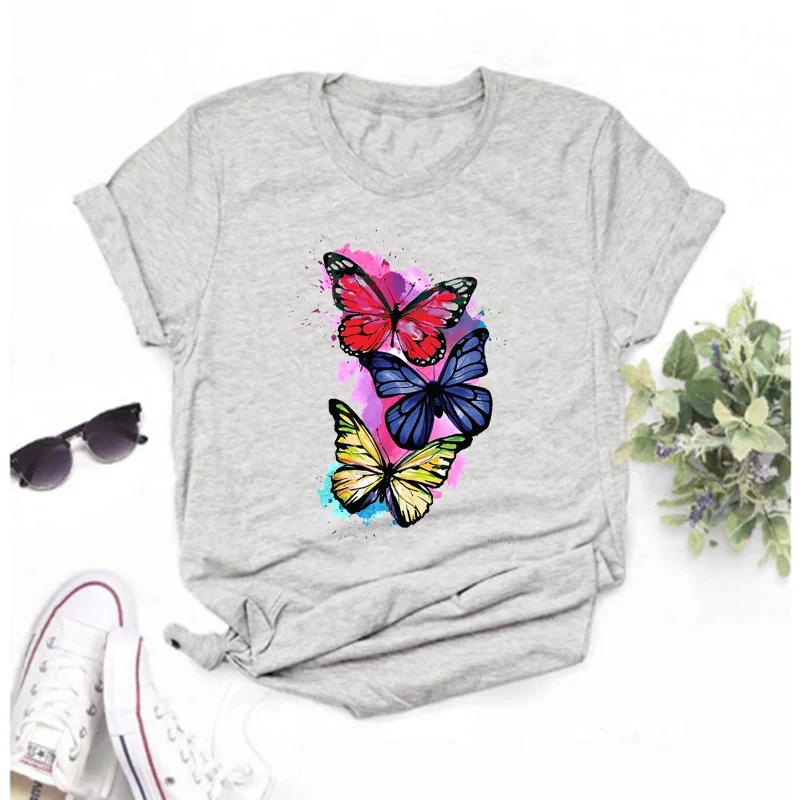 

Mayos Butterfly Flower Printed T-shirt Ladies Summer Clothes Top Vogue O Neck Printed T-shirt
