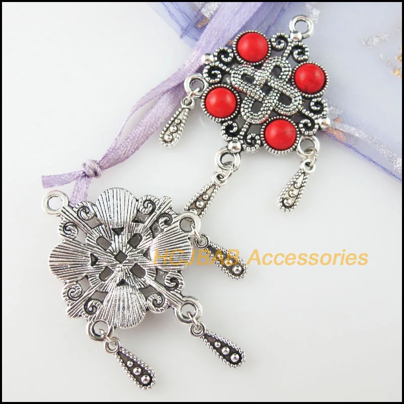 4 шт. Тибетский Серебряный тон китайский узел красный камень каплевидные