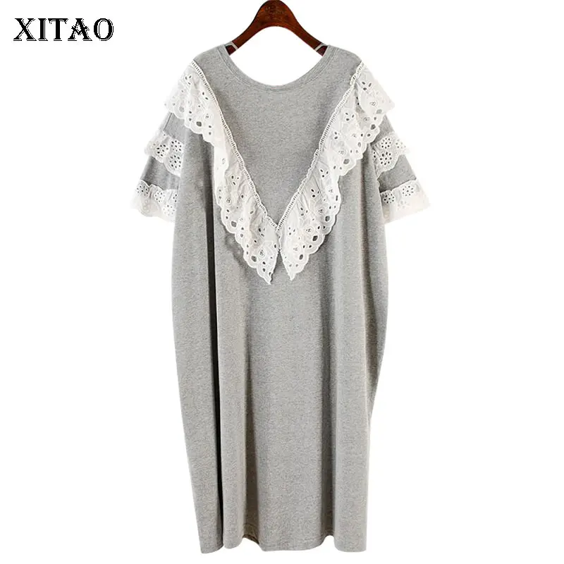 [XITAO] женское летнее платье, корейская мода, круглый вырез, короткий рукав, свободное платье, женское лоскутное кружевное платье до колен, Повседневное платье WBB3996