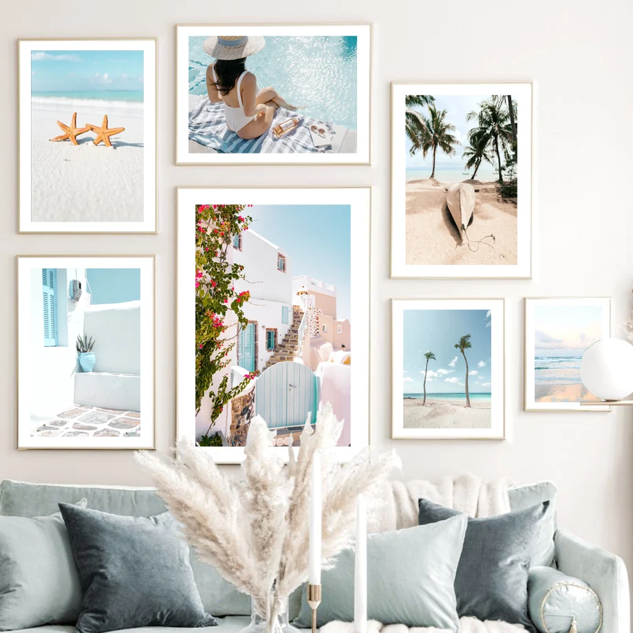 

Caribbean Beach Palm Tree House Starfish Girl Wall Art Print Canvas Painting Nordic Poster Wall Pictures For Living Room Decor