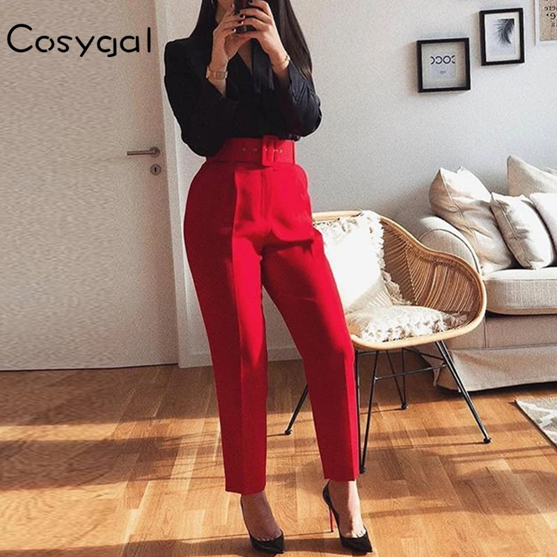 COSYGAL Belt Ankle Length Pencil Pants Red Skinny Sexy Trousers Women INS Fashion Streetwear Ladies High Waist Pants