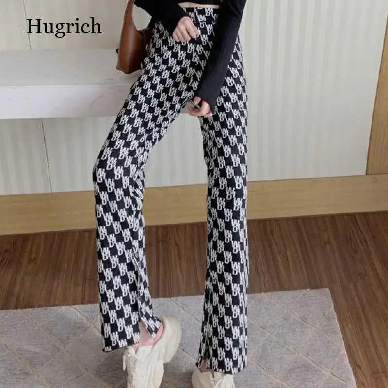 

Spring And Autumn New High-waist Black And White Casual Trousers Letters Harajuku Drape Loose Slit Straight Wide-leg Pants