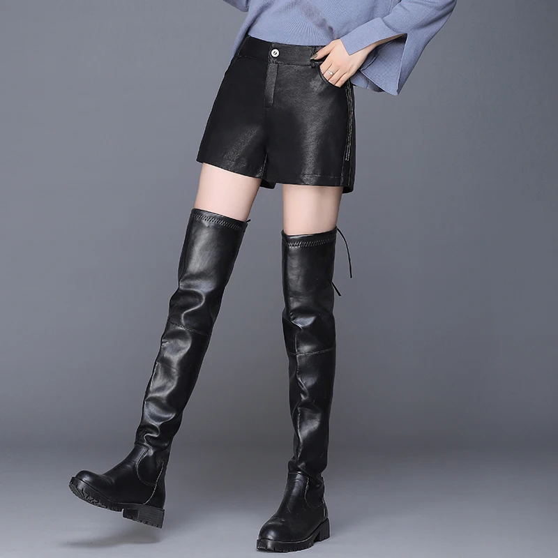 Шорты женские из искусственной кожи с завышенной талией модные короткие штаны