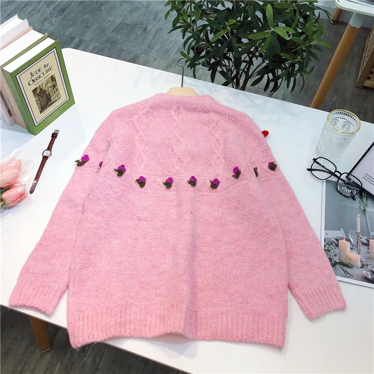 

Women Long 2020 Fashion Elegant Casual Sweet Knits Pink Sweater 3d Red Floral Hairball Winter Female Loose Chic Pullover Tops