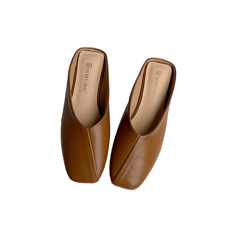 

Loafers Shoes Woman 2021 Slippers Summer Low Square Toe String Bead Luxury Slides Pantofle Flat Designer Cover New PU Hoof Heels