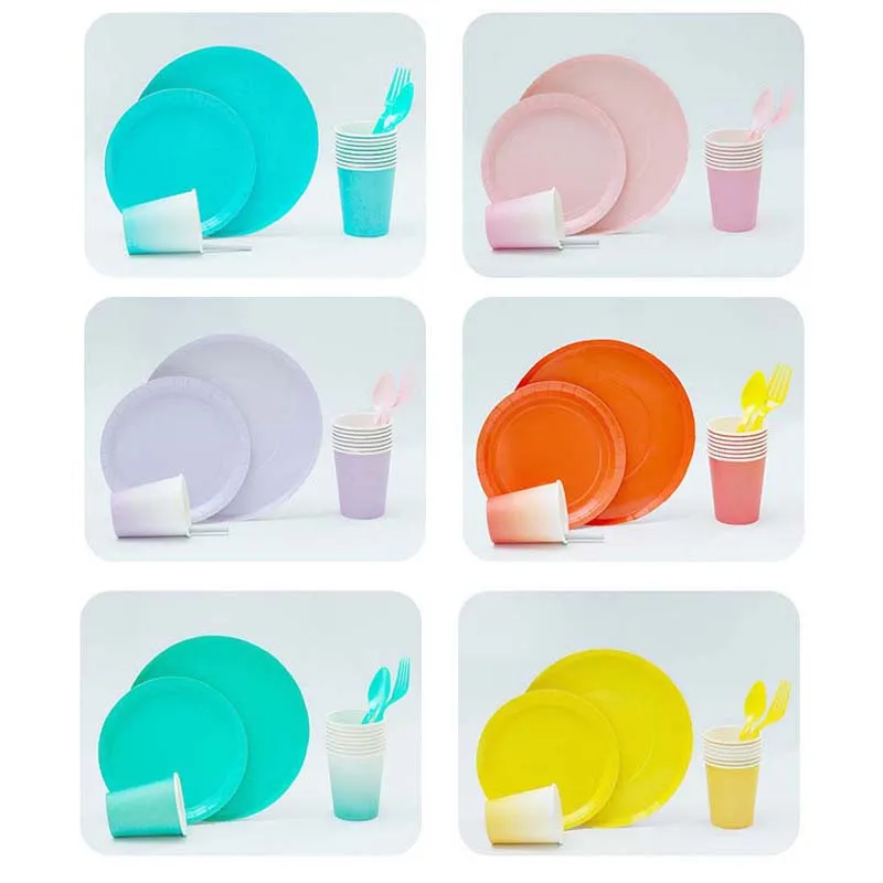 Одноразовые столовые приборы конфетного цвета бумажные тарелки и стаканы