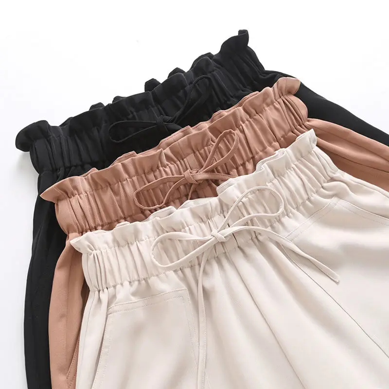 

lady fashion casual high waist loose Shorts women solid khaki black wide leg short pants drawstring elastic waist pocket capris