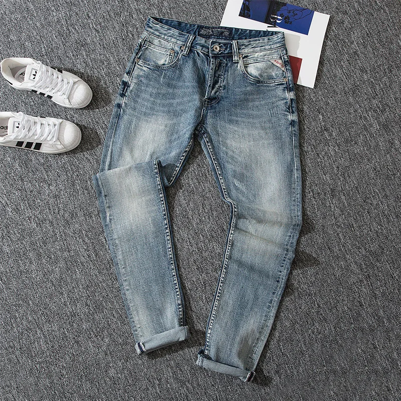 Italian Fashion Men Jeans Retro Light Gray Blue Elastic Slim Fit Ripped Vintage Designer Classical Buttons Denim Pants