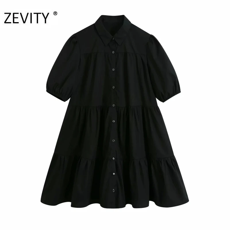 

ZEVITY Women simply turn down collar solid black mini Dress office lady pleats ruffles Vestido Chic casual loose Dresses DS4418