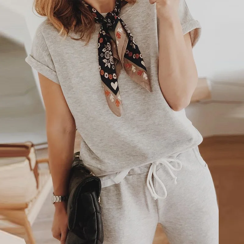 

Polyester Fashion Female O-neck T-shirt Drawstring Long Trouser All-Match Retro 2 Piece Set Suits Summer Casual Sports Women