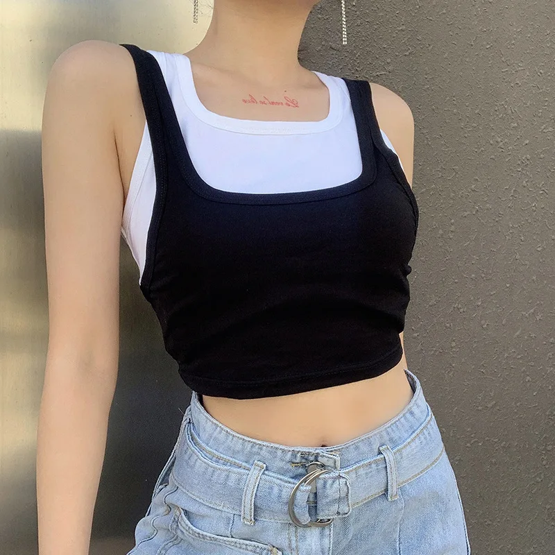 

Women Patchwork Tank Top 2021 Summer U Neck Seeveless Casual Crop Top Streetwear Vest Cotton Feminino Blue Yuqung