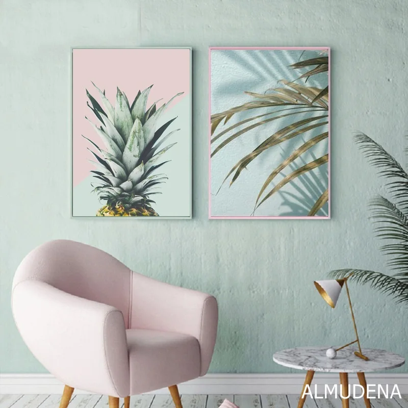 Скандинавский постер розовый цветок зеленый синий лист искусство настенные