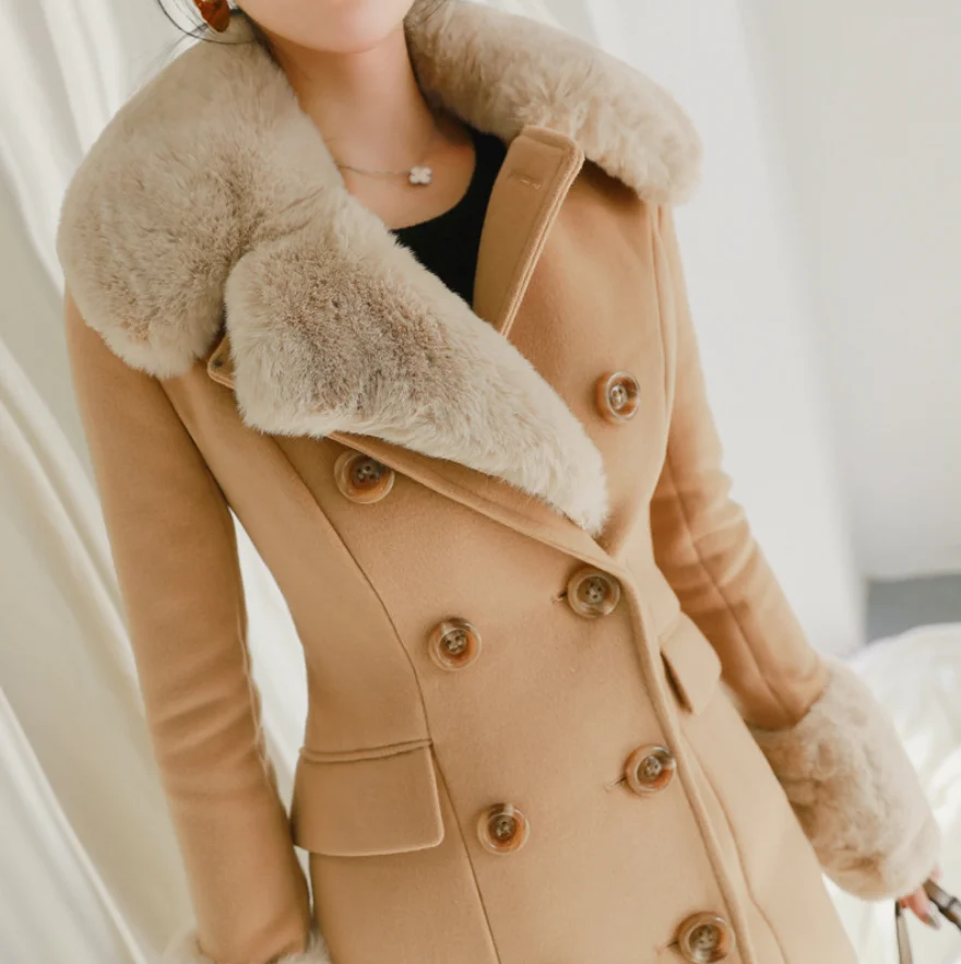

2020 Winter Fashion Plus Size Woolen Cotton Brown Ankle-length Fur Coat Women