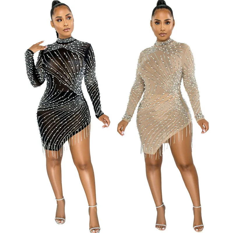 

KEXU Hot Drilling Diamond Dress Women Bodycon Long Sleeve Bubble Beads O Neck Tassel Package Hip Slim Nightclub Party Mini Dress