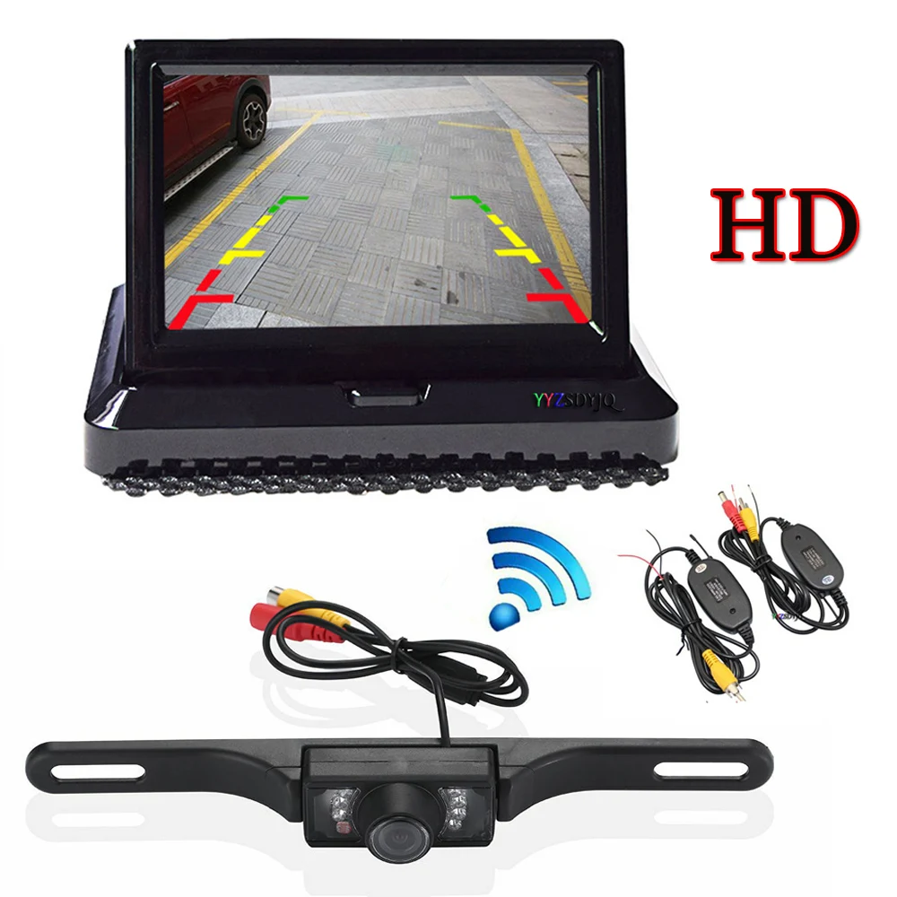 

5 Inch LCD Car Foldable Monitor Wireless Reverse License plate Camera Parking System for Car Rearview Monitors NTSC PAL