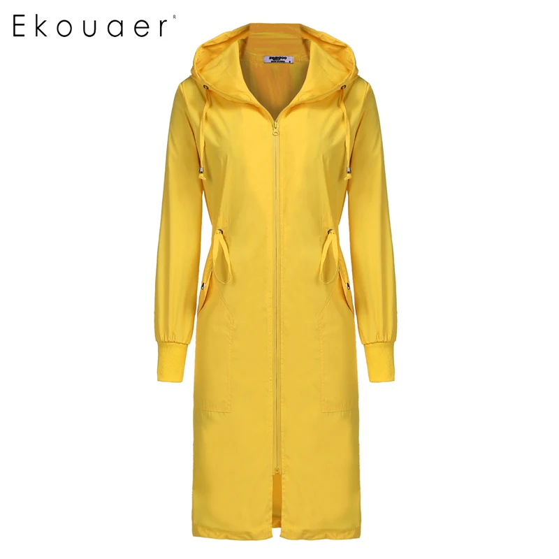 Yellow Ekouaer Женская длинная куртка с капюшоном с длинным рукавом легкая водонепроницаемая дождевая куртка, дождевик Женская модная верхняя одежда - Цвет: Yellow