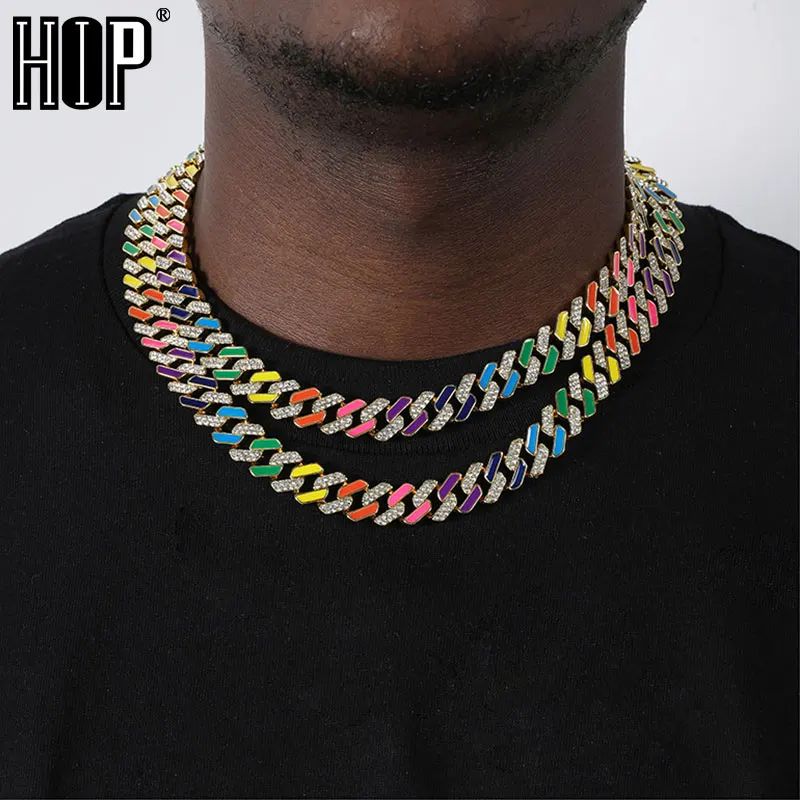 Hip Hop 12MM Colorful Iced Out Dripping Oil Cuban Prong Chain Paved Rhinestones CZ Bling Necklaces For Men Women Rapper Jewelry
