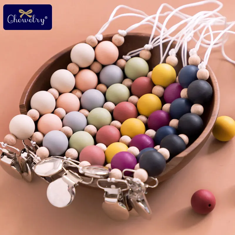 

1pc Silicone Pacifier Metal Clips Chain Wooden Beads Tiny Rod Silicone Baby Teether Toys Rodent Teething Chain Childen's Goods