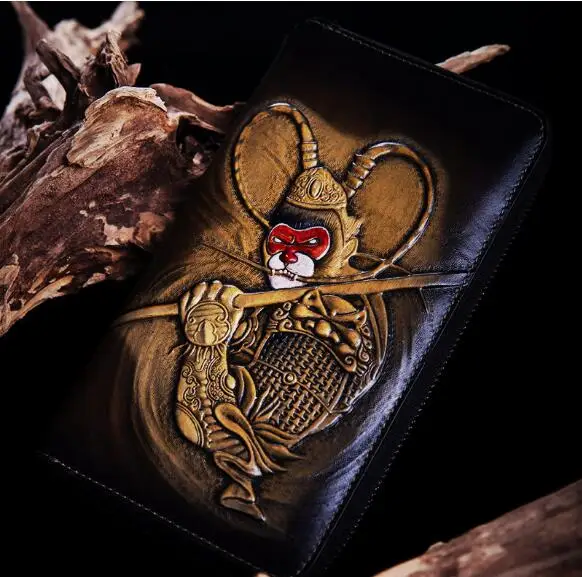 

Unique men's Wallet long manual zipper wallet Antique Chinese style leather Journey the West Great Sage Equal to Heaven Sun