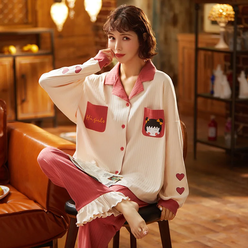 

Spring Oversize Cute Cartoon Print Pajamas Sets 2PCs Women Long Sleeves Cotton Sleepwear Kawaii Cardigan Buttons
