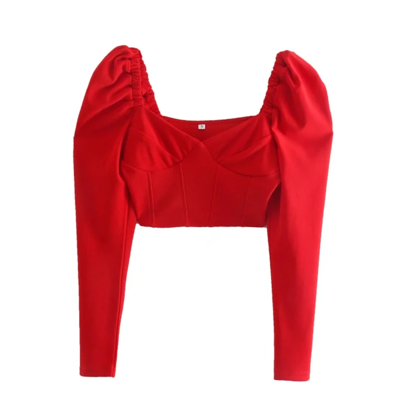 

Женская короткая красная блузка с квадратным вырезом, женская рубашка с пышными рукавами, повседневные женские облегающие кроп-топы, блузы ...