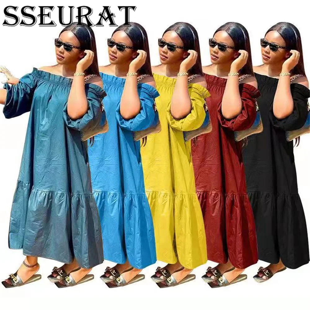 

Женское платье с длинным рукавом SSEURAT, однотонное повседневное свободное платье с воротником-стойкой и воланами, Новинка осени 2021