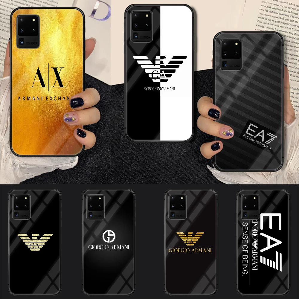 

Luxury Fashion A-Armani Brand Phone Tempered Glass Case Cover For Samsung Galaxy S Note 5 6 9 10 10E 20 21 FE Plus Uitra Shell