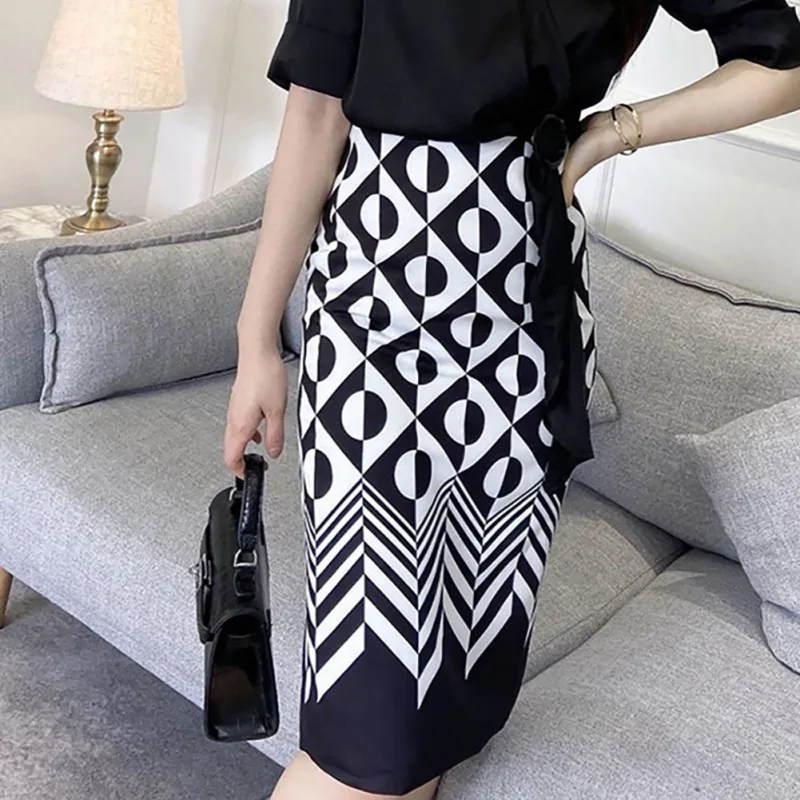 

Summer Spring Female Skirts Midi Knee Length Elegant Button High Waist Women Bodycon Long Skirt