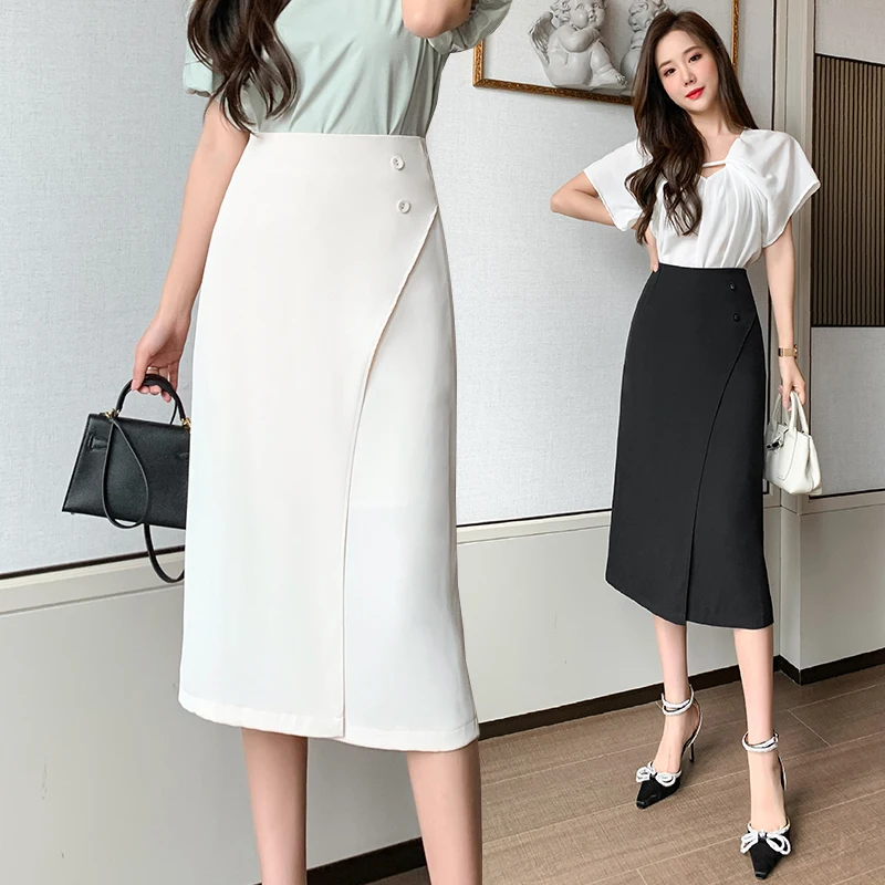 

Women's Skrits High Waist Split One-step Asymmetrical Black Laides Sexy Skirt Solid Button 2021 Summer Fashion Womans Clothing
