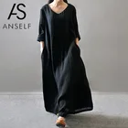 Женское платье макси Anself, повседневное Хлопковое платье в стиле ретро, с длинным рукавом, черного, фиолетового и красного цвета размера плюс, осень 2020