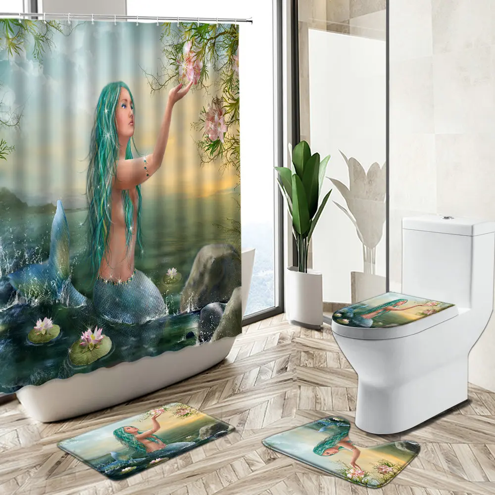 Prezzo Mermaid Ocean Scenery Tenda Da Doccia Donna Sexy Mare Vista Al Tramonto Decorazioni Per Il Bagno Tappeto Antiscivolo Coperchio Del Coperchio Del Water Set Di Tappetini Da Bagno