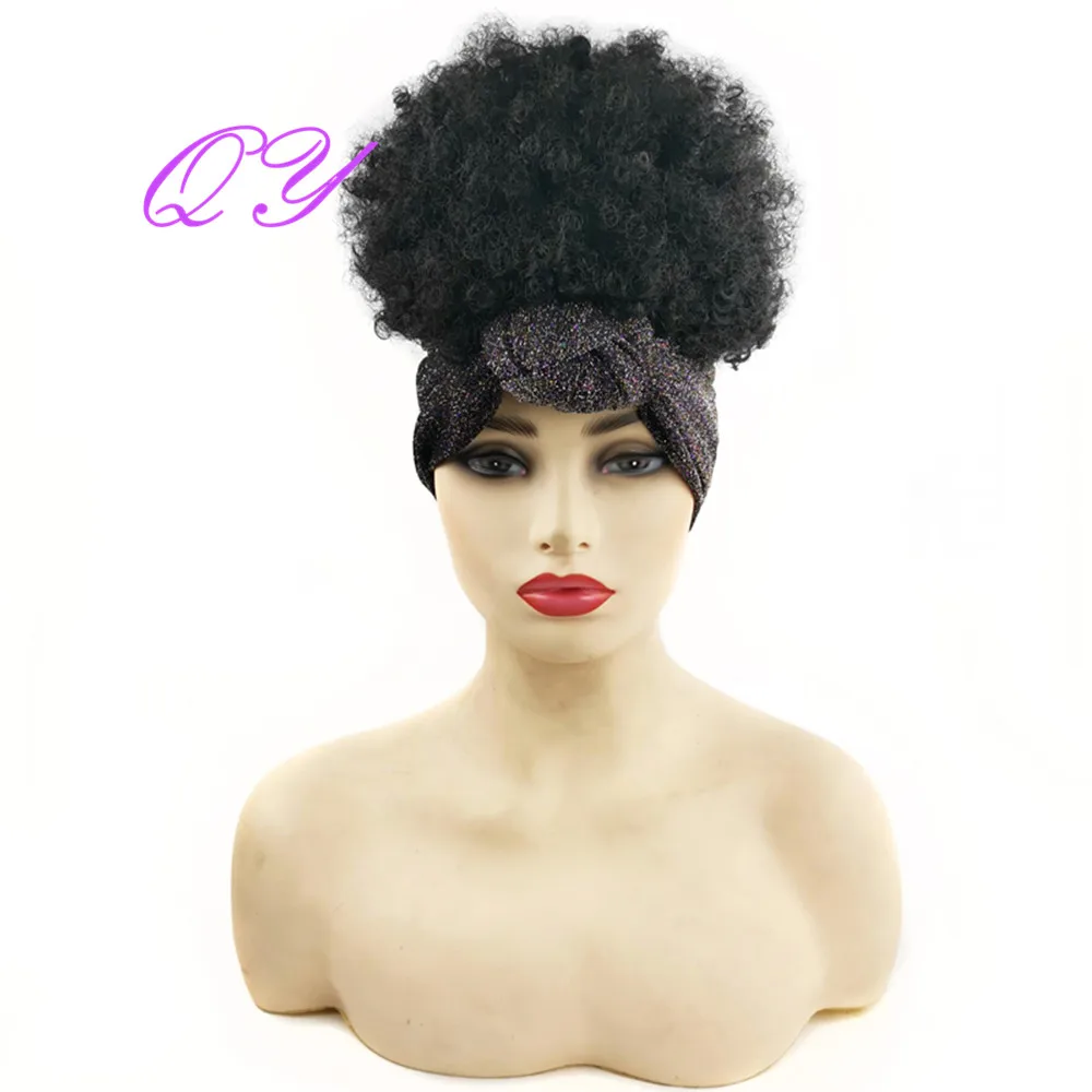 

QY Hair HeadBand Wig Synthetic Wrap Head Wigs for African Women Curly Blue Turban Hair Wigs
