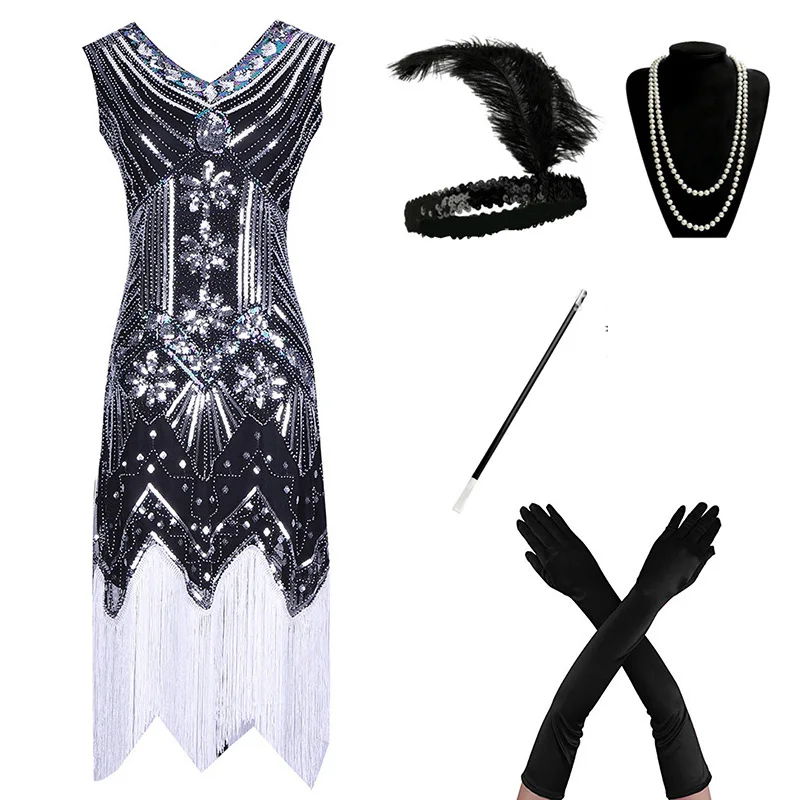 J 1920s Flapper платье Great Gatsby вечерние платья с блестками и бахромой - Цвет: J
