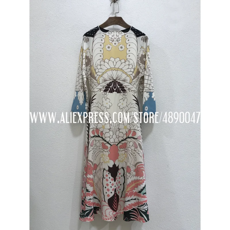

2021 spring summer positioning printing Flying sleeves are thin elegant mid-length dress high-quality women's Silk dress