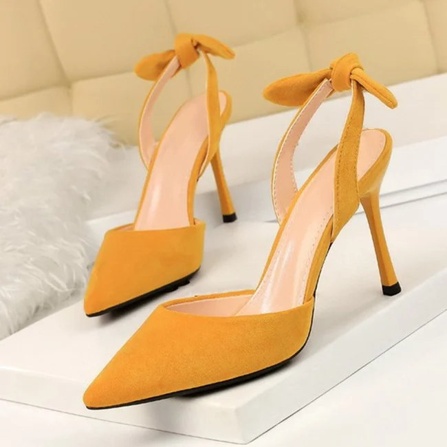 Boussac Elegant Bowtie Slingback High Heel Women Pumps Sexy Pointed Toe High Heels Ladies Shoes Suede Thin Heel Party Shoes B233 - Цвет: yellow
