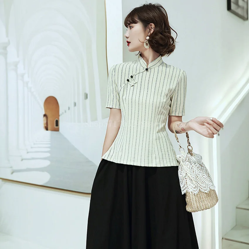 Традиционная китайская одежда для женщин рубашка в полоску с цветочным принтом