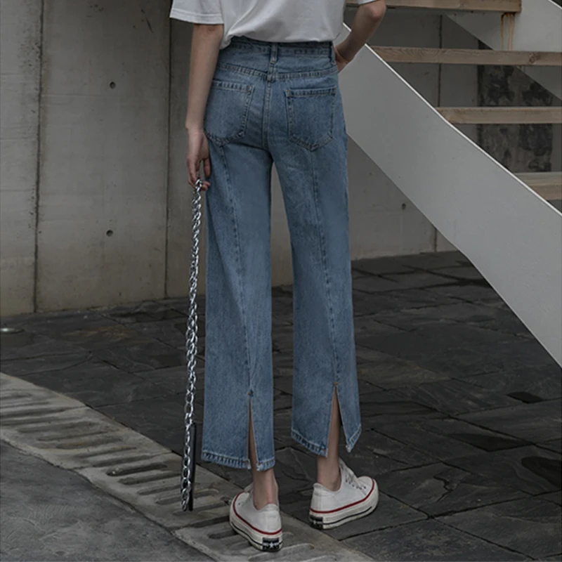 

DIMANAF Plus Size Women Jeans Pants High Waist Split Wide Leg Pants Basic Denim Loose Female 2021 Pockets Blue Trousers Size 4XL