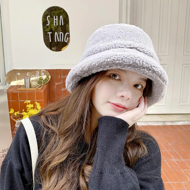 Winter Warm Teddy Velvet Hats for Women Lady Thicken Bob Panama Outdoor Fisherman Hat Caps Lamb Faux Fur Bucket | Аксессуары для