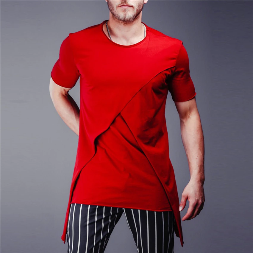 

Men's Cross Short-sleeved T-shirt with irregular hem Male round collar summer Solid Hip Hop Clothes Tee Tops Hipster Tshirt Man