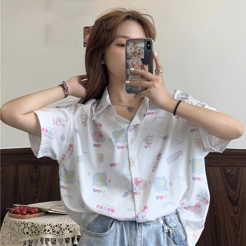 Новая летняя шифоновая рубашка для женщин в стиле Харадзюку С мультяшным принтом