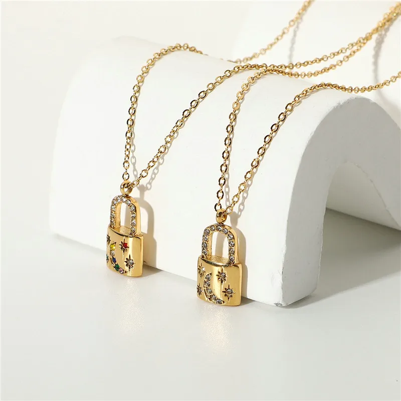 

HelloLook 18K Gold Plated Stainless Steel Lock Pendant Necklace for Women Moon Star Zircon Choker Necklace for Couples Lovers
