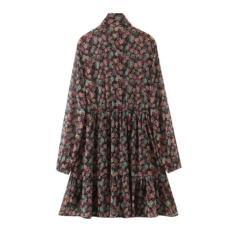 

Floral Print Chiffon Mini Dress Women Vintage Bow Tie Neck Long Sleeve Elegant Ladies Dresses Casual Boho Beach Plus Size Dress