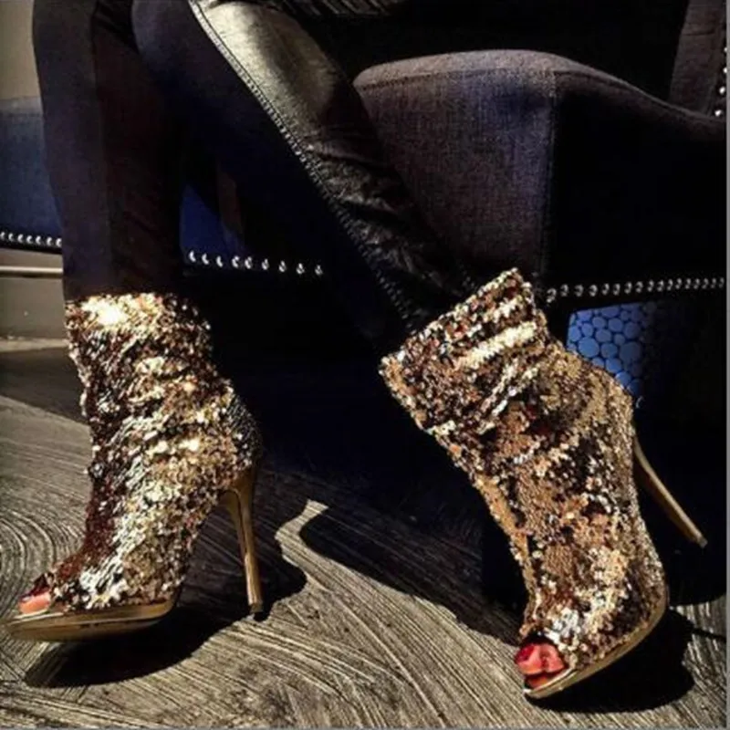 

SHOFOO shoes,Beautiful and fashionable women's boots, sequins, about 11cm high heels, peep toe boots, ankle boots. SIZE:34-45