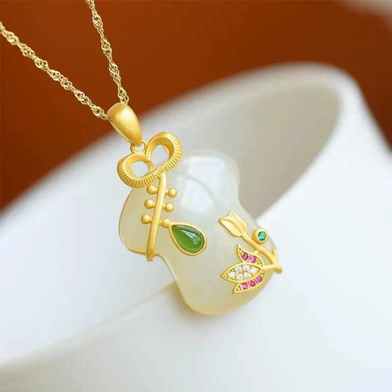 

Hetian Jade Jinyi Jade Food S925 Sterling Silver Necklace Gold Inlaid Natural Jade Cheongsam Pendant Cheongsam Palace Hetian Jad